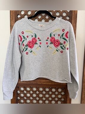 Urbanology Floral Embroidered Cropped Sweatshirt Gray Boho Cottagecore Size L